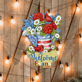 Personalized Custom Front Door Sign Patriotic Decoration with American Watering Can Family Name Welcome Sign Handmade Gift Rustic Adornment for Wooden Front Porch Decor by Susan Winget - 8471212HC-SW