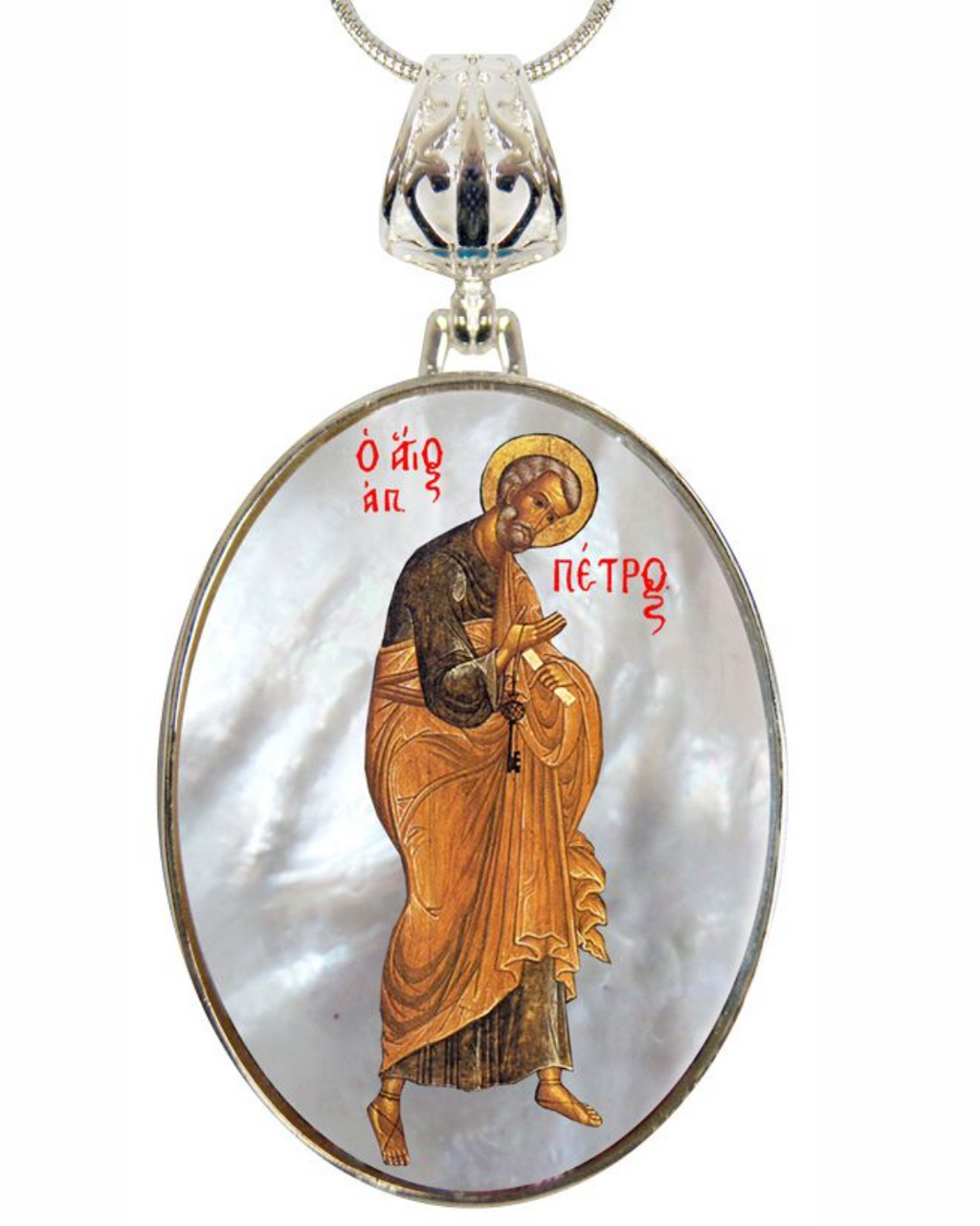 a pendant with a religious icon of a saint, and there is a small inscription above the icon.