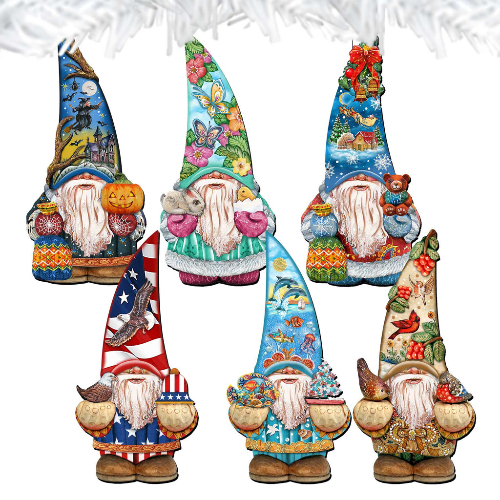 Holiday Gnomes Clip-On Eco Wood Decorative Ornaments Set of 6 by G. Debrekht - Christmas Decor - 8090138C-S6