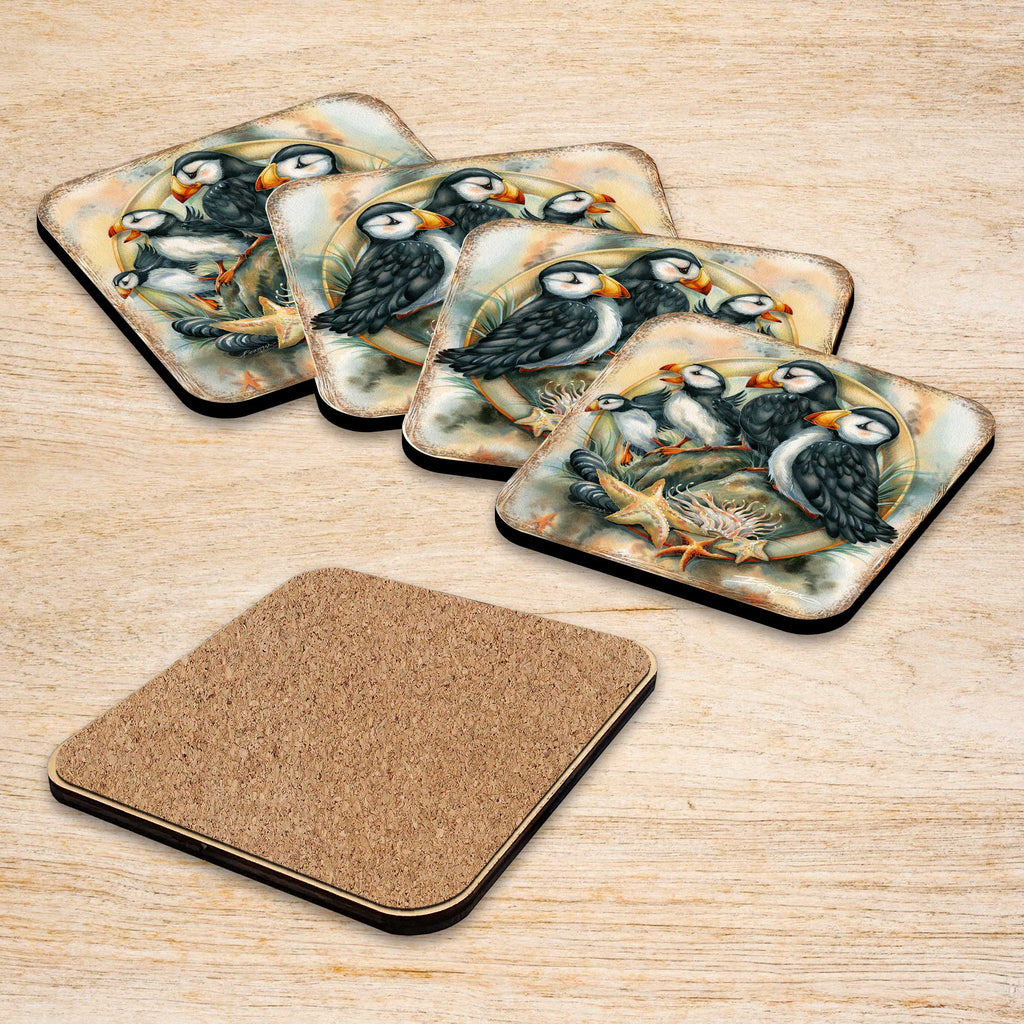 Puffins Wooden Cork Coasters Gift Set of 4 by J. Bergsma - Coastal Wildlife Decor - 8199462C-S4