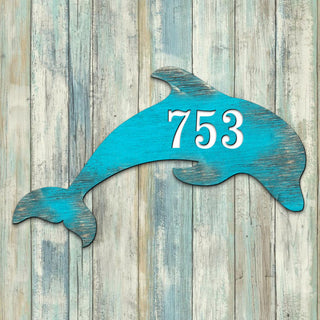 Dolphin Coastal Wooden Personalized House Number Sign by G. Debrekht - Coastal Sea-Life Decor - Handcrafted Wooden Handcrafted Wooden Address Sign - MA985193