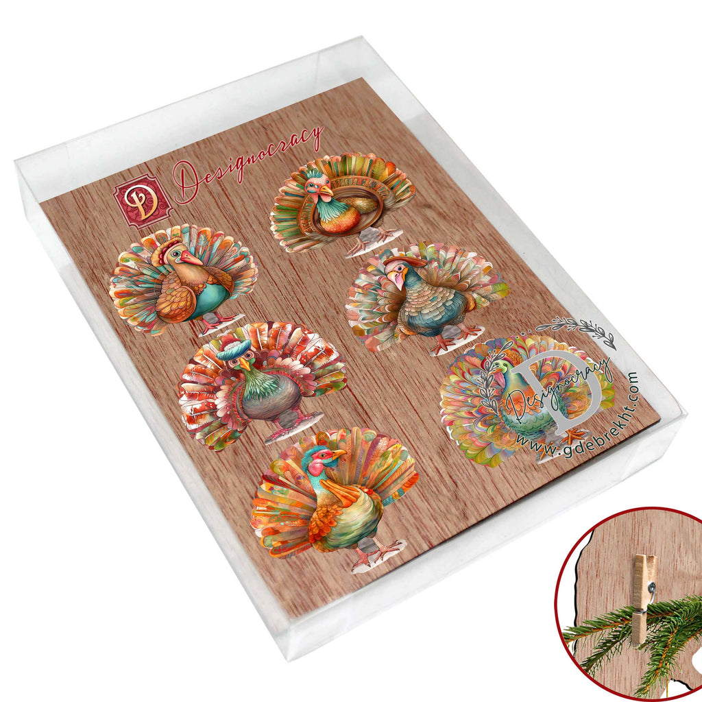 Turkey Clip-On Eco Wood Decorative Ornaments Set of 6 by G. Debrekht - Thanksgiving Decor - 8090027C-S6