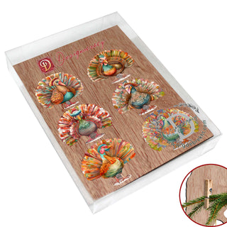 Turkey Clip-On Eco Wood Decorative Ornaments Set of 6 by G. Debrekht - Thanksgiving Decor - 8090027C-S6