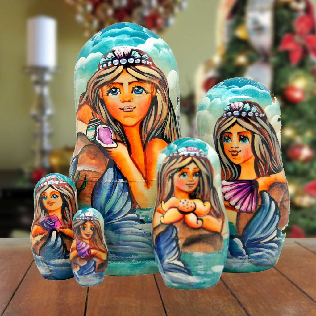 Mermaid Mrs. of The Sea Matreshka Nesting Hand-Painted Dolls Set of 5 by G. DeBrekht - Coastal Holiday Decor - 130722