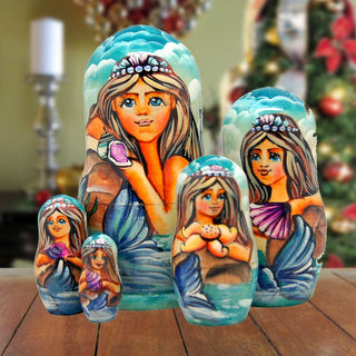 Mermaid Mrs. of The Sea Matreshka Nesting Hand-Painted Dolls Set of 5 by G. DeBrekht - Coastal Holiday Decor - 130722