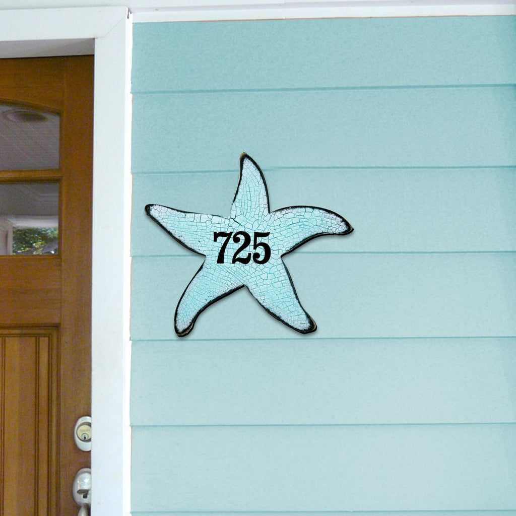Starfish Coastal Wooden Personalized House Number Sign by G. Debrekht - Coastal Sea-Life Decor - Handcrafted Wooden Handcrafted Wooden Handcrafted Wooden Address Sign - MA98531