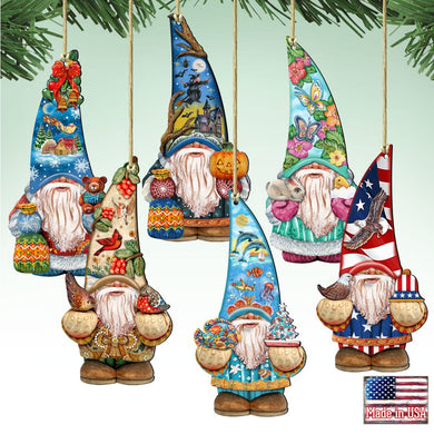 Gnome Friends Wooden Ornaments Set of 6 by G. DeBrekht - Christmas Santa Snowman Decor - 8611010-S6