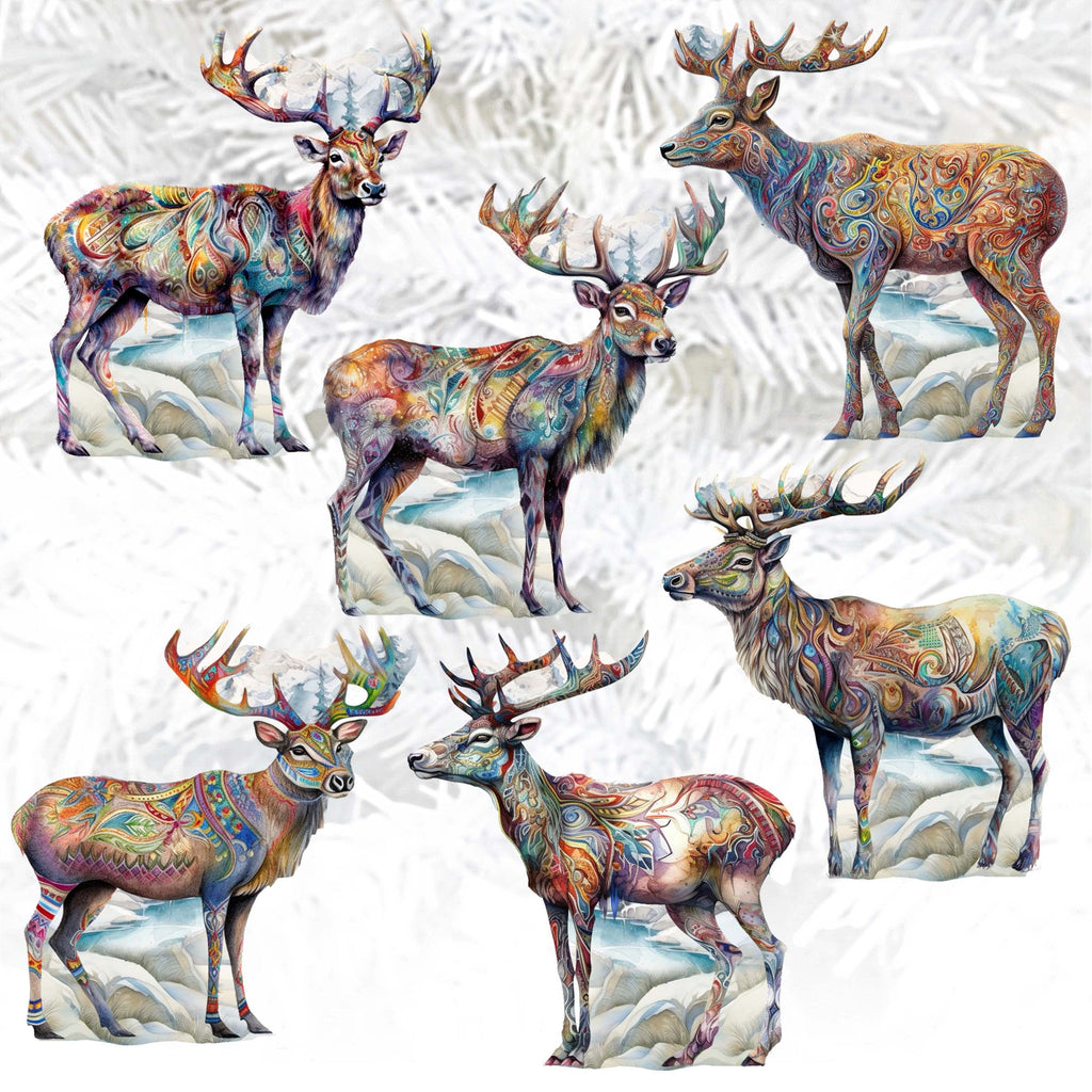 Iconic Caribou of Alaska Clip-On Eco Wood Decorative Ornaments Set of 6 by G. Debrekht - Wildlife Decor - 8090111C-S6