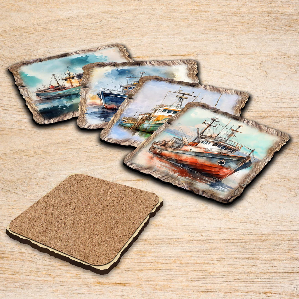 Fishing Boats Wooden Cork Coasters Gift Set of 4 by Nature Wonders Coastal Nature Wildlife Decor - 95402C-S4