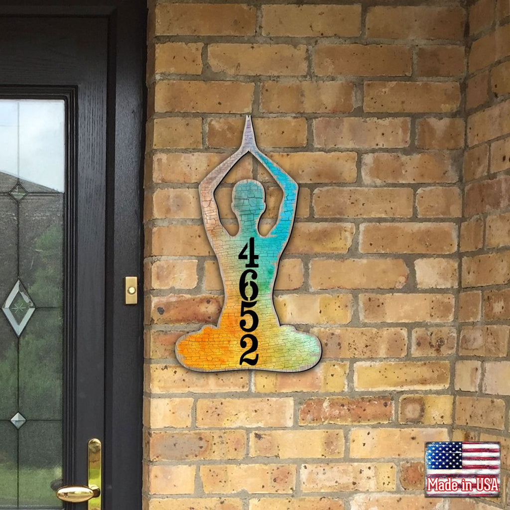 Yoga Lotus Wooden Custom House Number Sign by G. DeBrekht - Love Family Kids Decor - Handcrafted Wooden Handcrafted Wooden Handcrafted Wooden Handcrafted Wooden Address Sign - MA984352