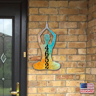 Yoga Lotus Wooden Custom House Number Sign by G. DeBrekht - Love Family Kids Decor - Handcrafted Wooden Handcrafted Wooden Handcrafted Wooden Handcrafted Wooden Address Sign - MA984352