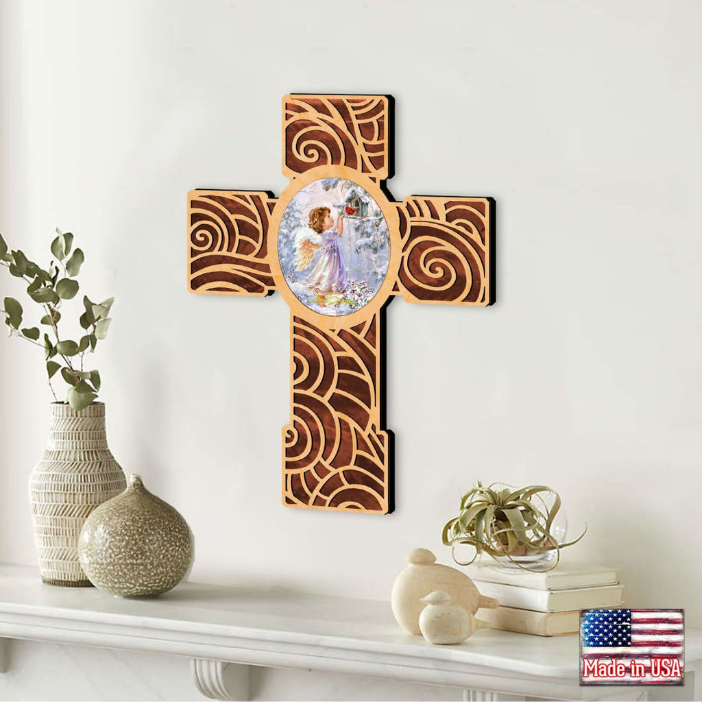 Red Robin Girl Angel Modern Wooden Cross by D. Gelsinger - Inspirational Icon Decor - 88285-DG