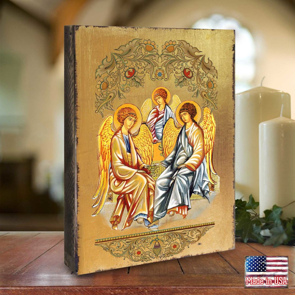 Old Testament Trinity Wooden Gold Plated Religious Orthodox Sacred Icon - Inspirational Icon Decor - 85015