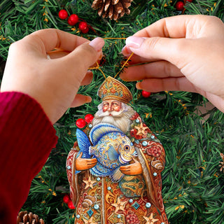 Santa with Fish Wooden Ornaments by G. Debrekht - Christmas Santa Snowman Decor - 8691411
