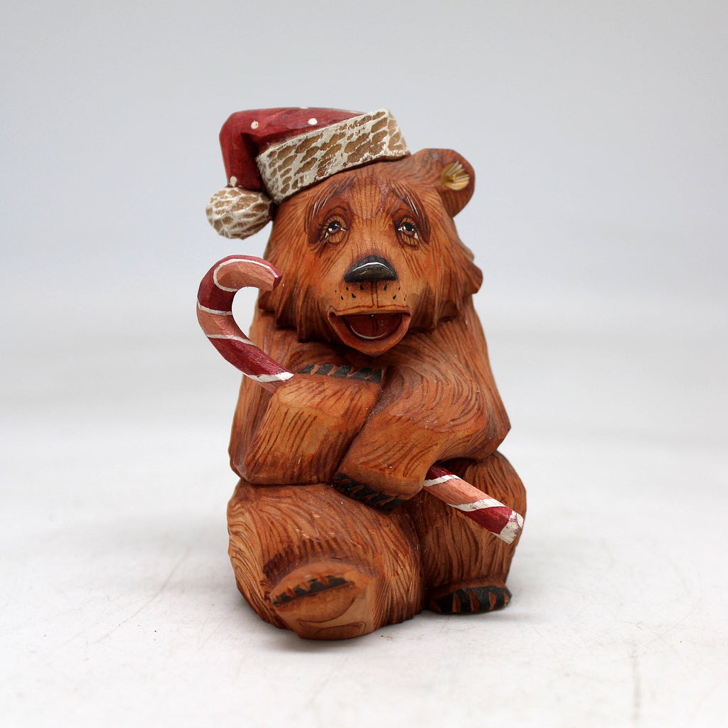 One-of-a-Kind Bear with Candy Cane WOODCARVED Figurine 4x3x25 by GDeBrekht - Unique Handcrafted and Handpainted Collectible