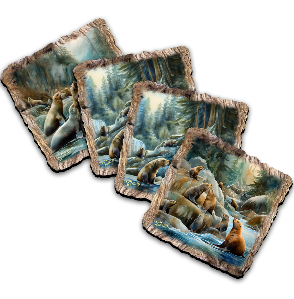 The image is a collage of four pictures depicting various scenes of marine life, including sea lions and other sea creatures, set against a backdrop of a forested area.