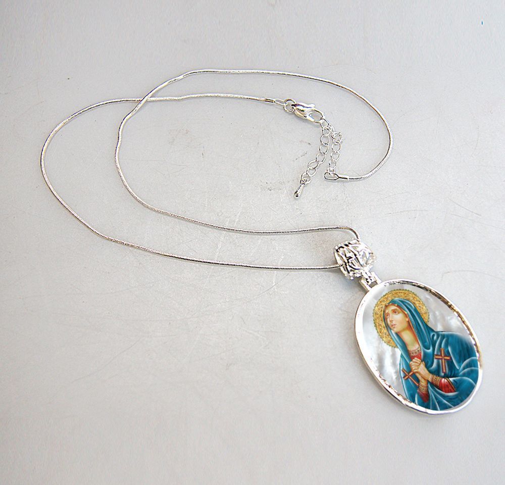 Mother of God Praying Silver Plated Mother of Pearl Necklace - 43014