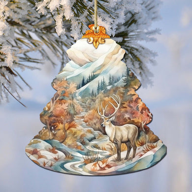 Snowy Summit Elk Tree Wooden Ornaments by G.Debrekht - Wildlife Holiday Decor - 870005