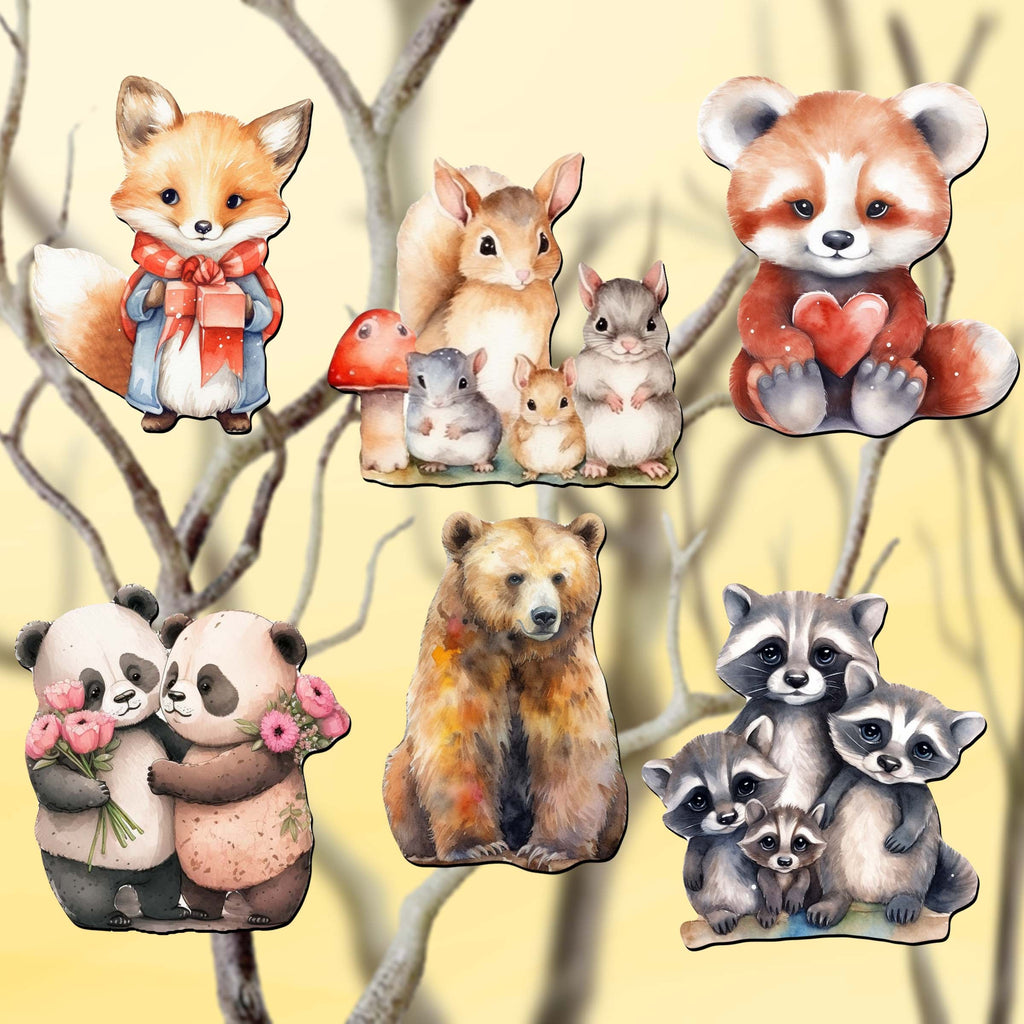 Forest Animals Clip-On Eco Wood Decorative Ornaments Set of 6 by G. Debrekht - Christmas Decor - 8090021C-S6