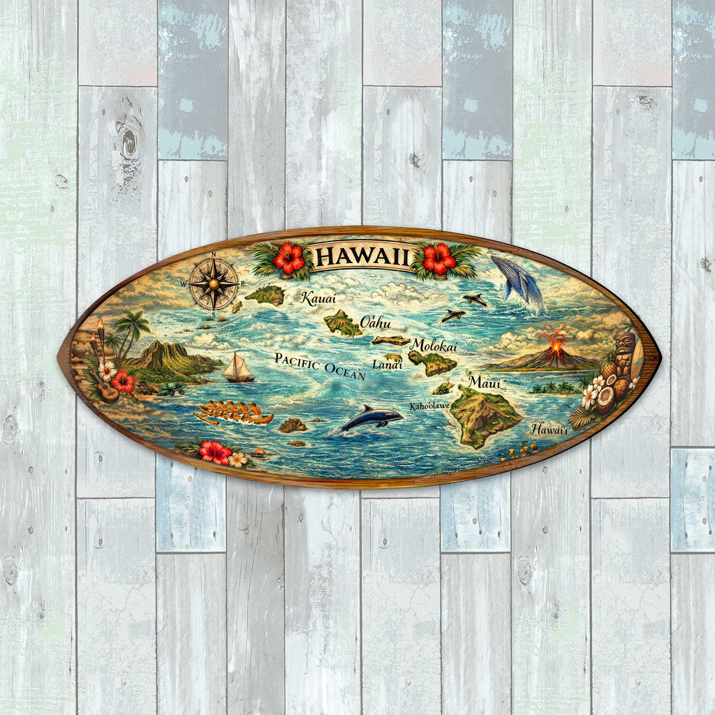 A decorative surfboard with a map of Hawaii, featuring various landmarks and islands, is displayed on a wooden background.