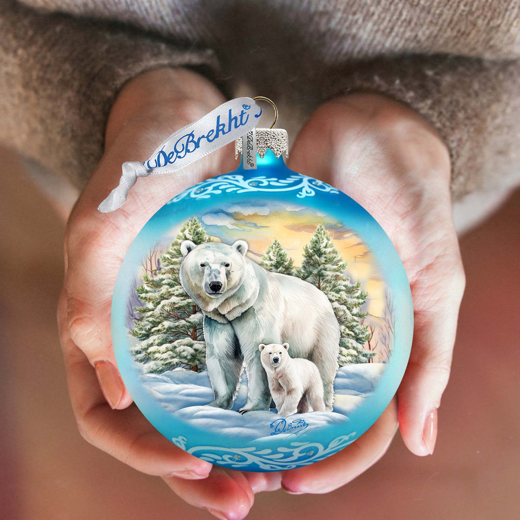 Polar Bear with Cub Ball Glass Ornament by G. Debrekht - Wildlife Holiday Decor - 73386
