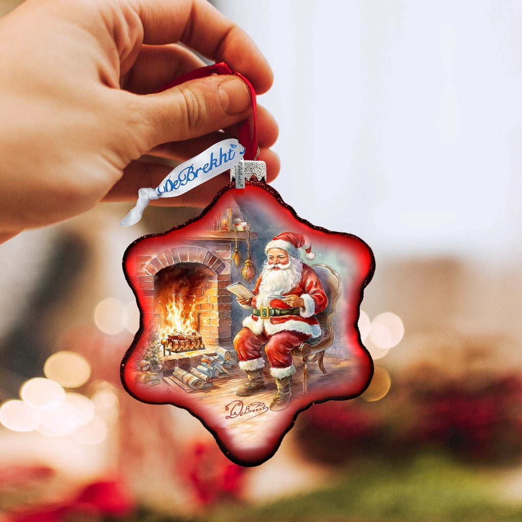 Santa at the Fireplace Snowflake Glass Ornament by G. Debrekht - Christmas Santa Snowman Decor - 754-047