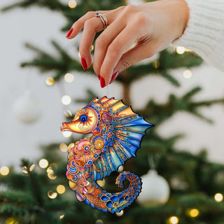 Nautical Christmas Ornaments - Mosaic Seahorse Wooden Ornaments by G.Debrekht Coastal Holiday Decor - 8688191