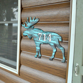 Moose Log Cabin Wooden Personalized House Number Sign - Nature Wildlife Decor - Handcrafted Wooden Handcrafted Wooden Address Sign - MA98222