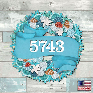 Coastal Wreath Wooden Personalized House Number Sign by G. Debrekht - Coastal Sea-Life Decor - Handcrafted Wooden Address Sign - MA81853062
