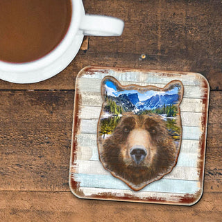 Bear Face Wooden Cork Coasters Gift Set of 4 by Nature Wonders - Nature Wildlife Decor - 8198214-4C-S4
