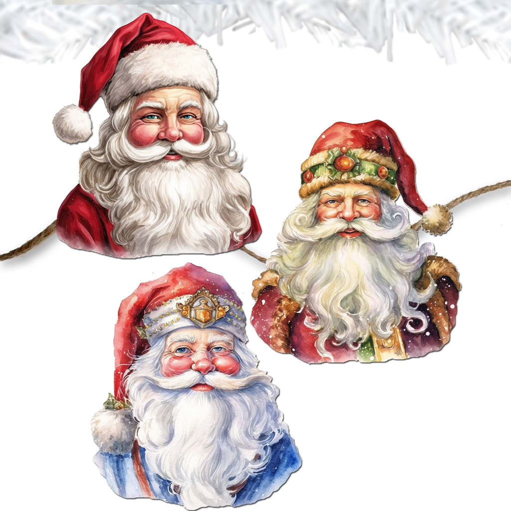 Jolly Santa Faces Clip-On Eco Wood Decorative Ornaments Set of 3 by G. Debrekht - Christmas Decor - 8091045C-S3
