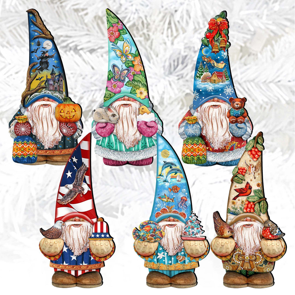 Holiday Gnomes Clip-On Eco Wood Decorative Ornaments Set of 6 by G. Debrekht - Christmas Decor - 8090138C-S6