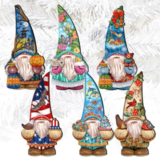 Holiday Gnomes Clip-On Eco Wood Decorative Ornaments Set of 6 by G. Debrekht - Christmas Decor - 8090138C-S6