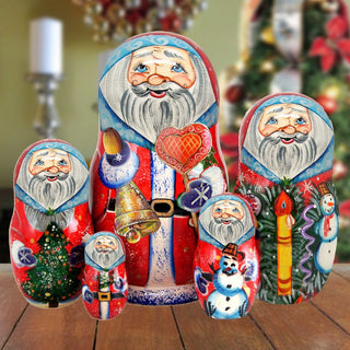 Santa and Frosty Matreshka Nesting Hand-Painted Doll Set of 5 by G. DeBrekht - Christmas Santa Snowman Decor - 110083