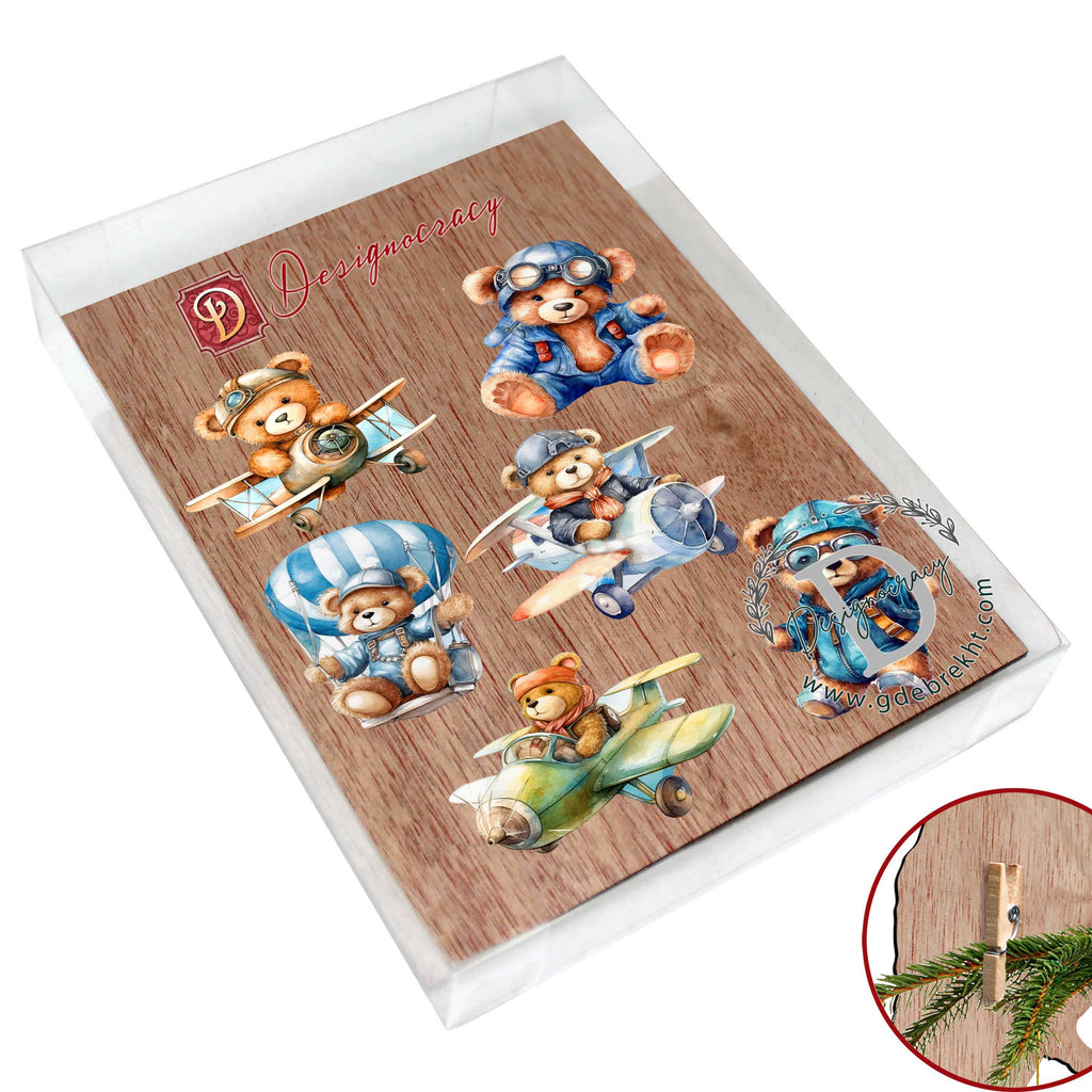 Aviator Teddy Bear Clip-On Eco Wood Decorative Ornaments Set of 6 by G. Debrekht - Christmas Decor - 8090010C-S6