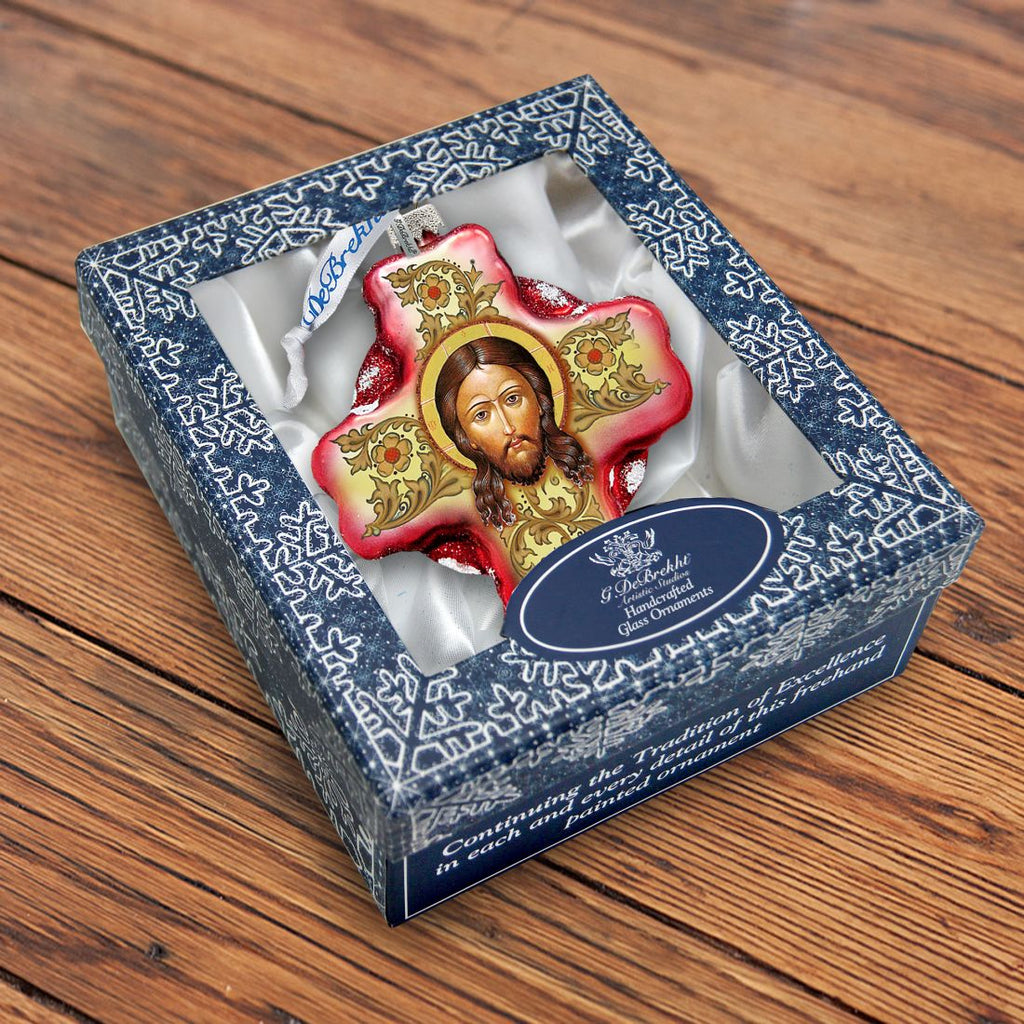 Jesus Face Cross Glass Ornament by G. DeBrekht - Nativity Holiday Decor - 758-006