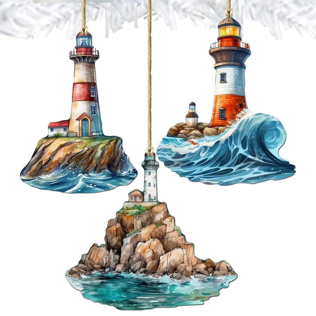 Lighthouse Decorative Eco Wood Ornaments Set of 3 by G. Debrekht - Coastal Decor - 8091022-S3