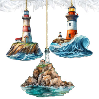 Lighthouse Decorative Eco Wood Ornaments Set of 3 by G. Debrekht - Coastal Decor - 8091022-S3