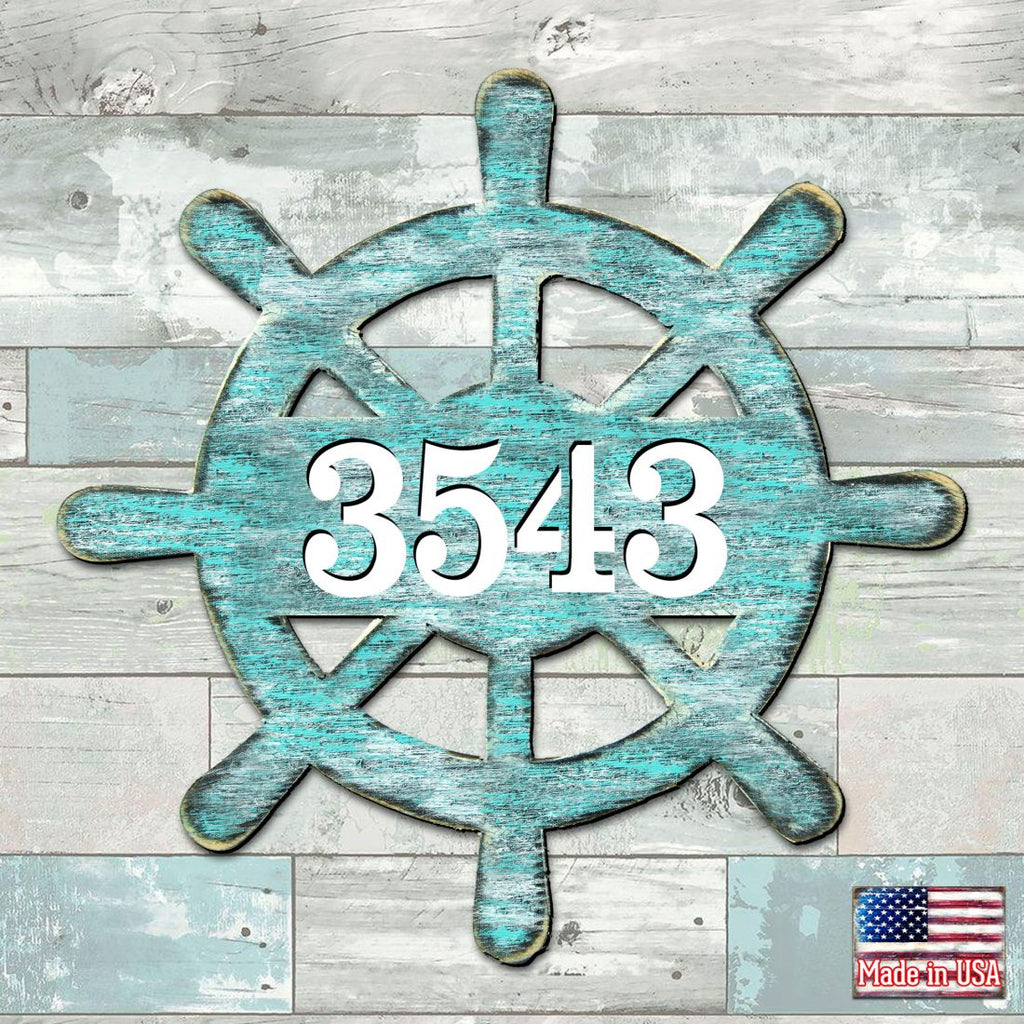 Captain Wheel Coastal Personalized House Number Sign by G. Debrekht - Coastal Sea-Life Decor - Handcrafted Wooden Address Sign - MA98536