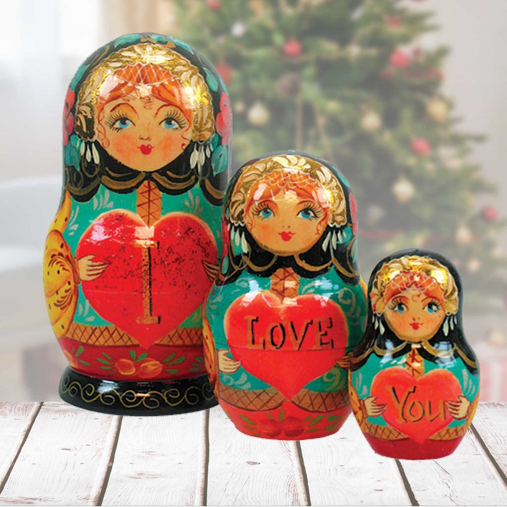 I Love You Matreshka Nesting Hand-Painted Doll Set of 3 by G. DeBrekht - Love Family Kids Decor - 147010