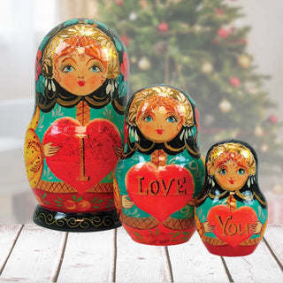 I Love You Matreshka Nesting Hand-Painted Doll Set of 3 by G. DeBrekht - Love Family Kids Decor - 147010