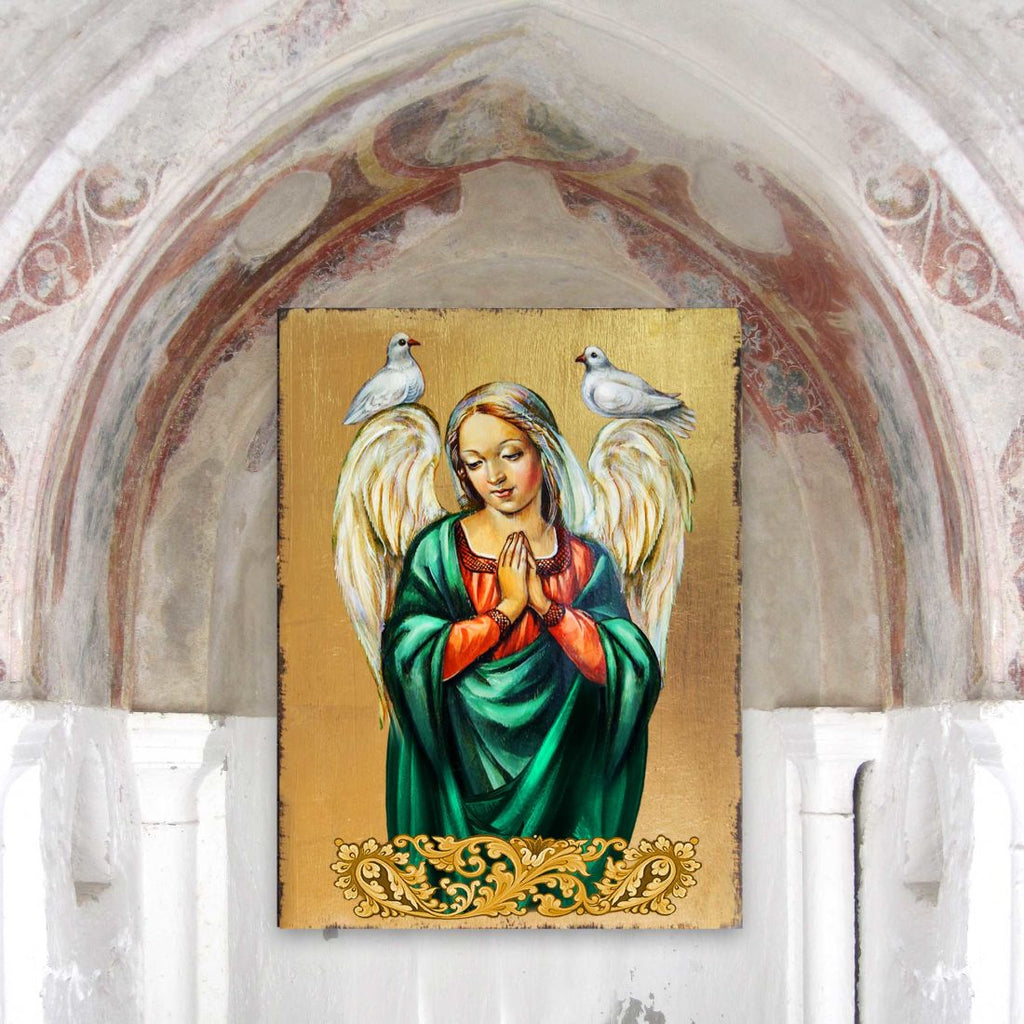 Praying Angel Wooden Gold Plated Religious Christian Sacred Icon - Inspirational Icon Decor - 85026