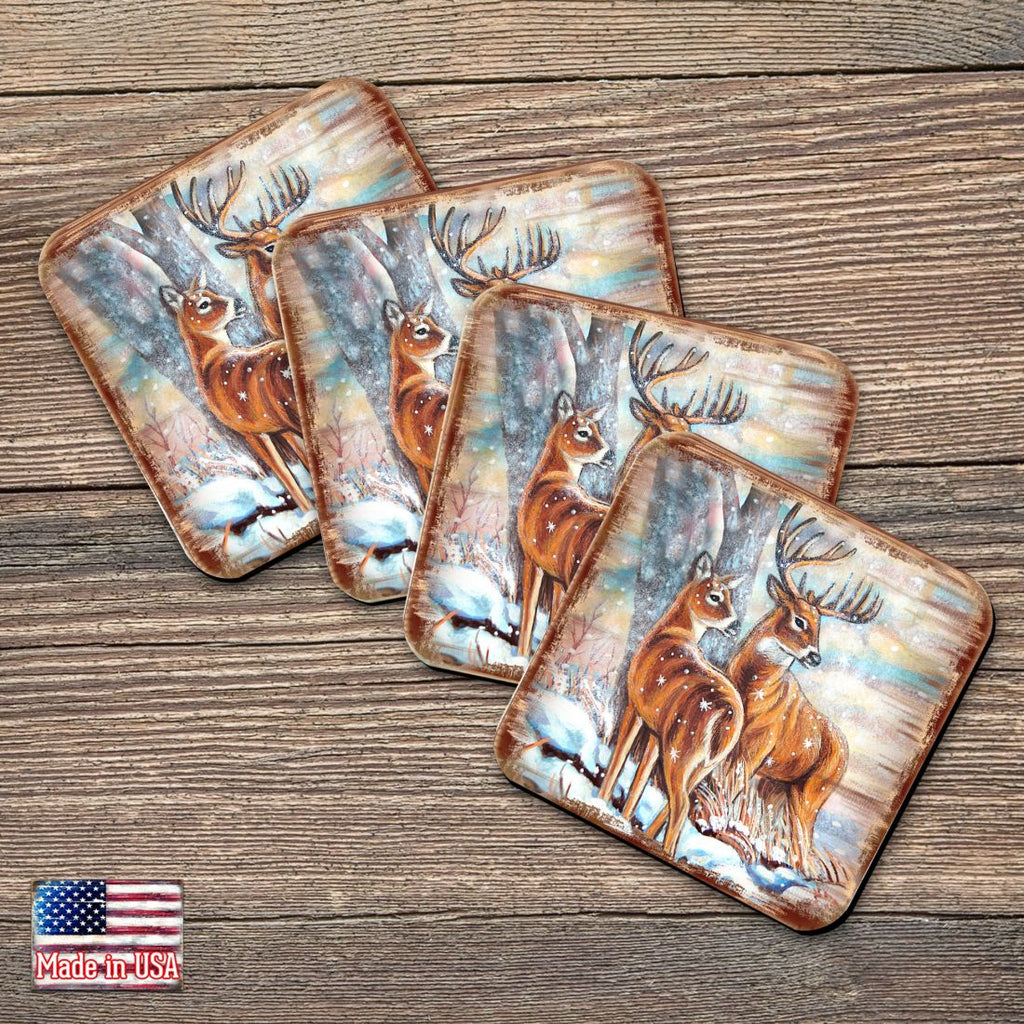 Deer's Wooden Cork Coasters Gift Set of 4 by Nature Wonders - Nature Wildlife Decor - 95212C-S4