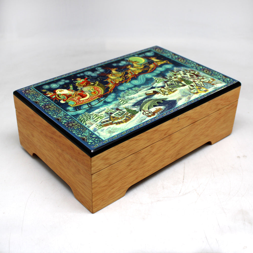 One-of-a-Kind Christmas Night Lacquered & Polished WOODCARVED Music Jewelry BOX - 9x6x3 Inches, Unique Home Decoration Beautiful Gift Rare Find Collectible, Unique Hand Carved Gift