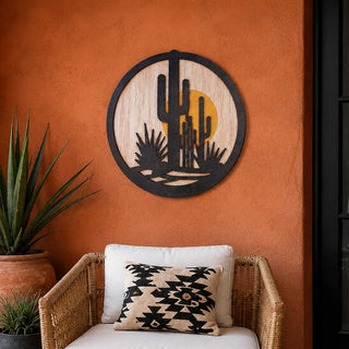 Southwestern Desert Cactus Wall Art – Layered Wooden Circle Wall Decor - G987002