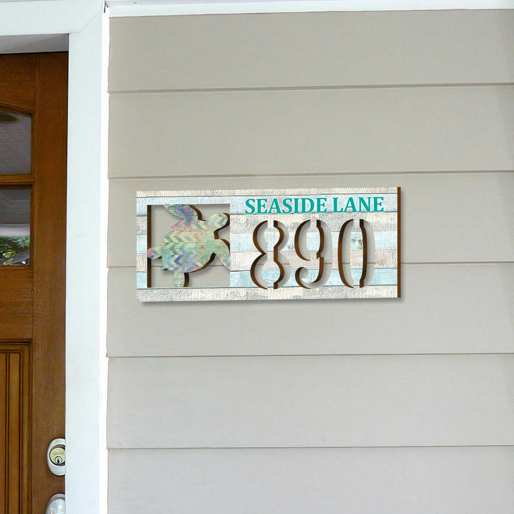 Handcrafted Sea Turtle Coastal Address Sign – Custom House Number & Street Name Plaque – Horizontal Address Plaque for Porch or Entryway MA989805-2