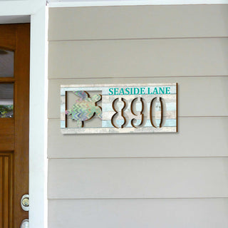 Handcrafted Sea Turtle Coastal Address Sign – Custom House Number & Street Name Plaque – Horizontal Address Plaque for Porch or Entryway MA989805-2