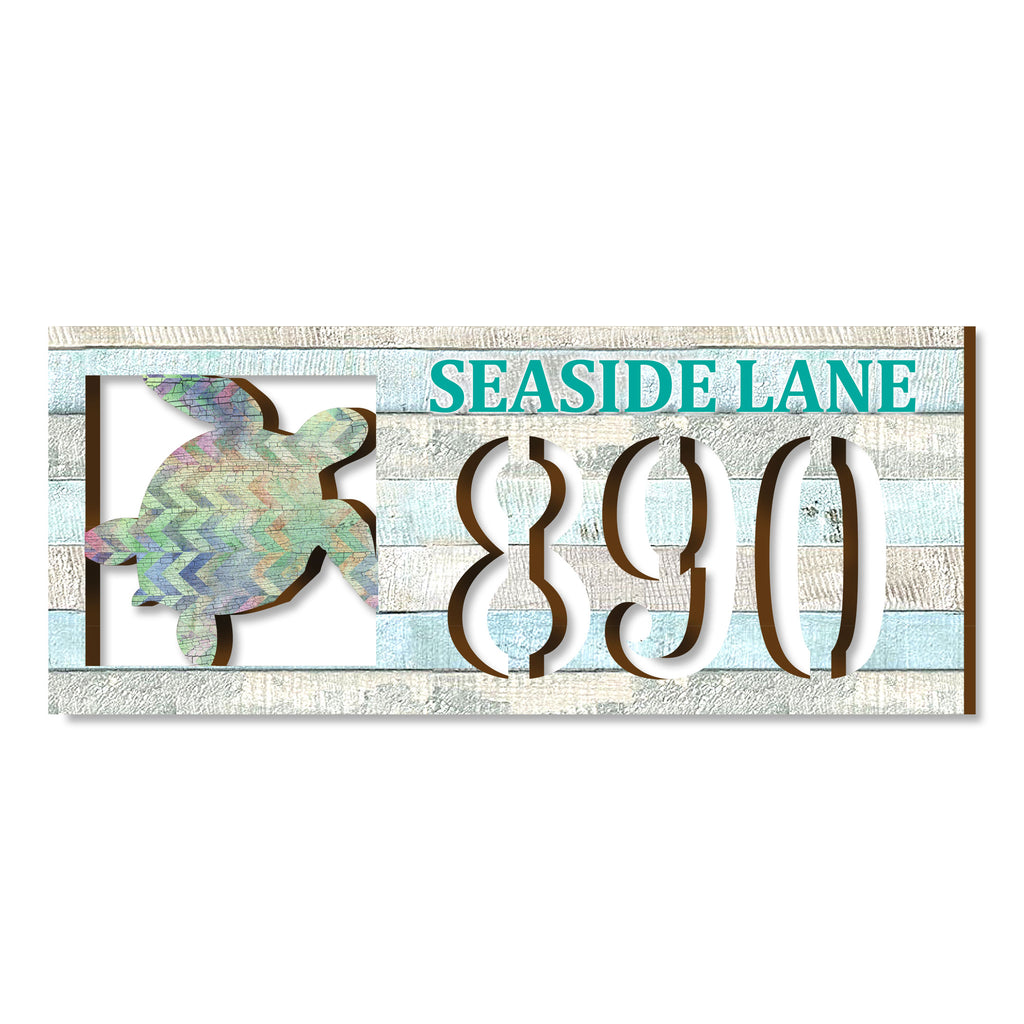 Handcrafted Sea Turtle Coastal Address Sign – Custom House Number & Street Name Plaque – Horizontal Address Plaque for Porch or Entryway MA989805-2