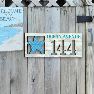 Handcrafted Coastal Starfish Address Sign – Custom House Number & Street Name Plaque – Horizontal Address Plaque for Porch or Entryway MA989806-2