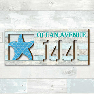 Handcrafted Coastal Starfish Address Sign – Custom House Number & Street Name Plaque – Horizontal Address Plaque for Porch or Entryway MA989806-2